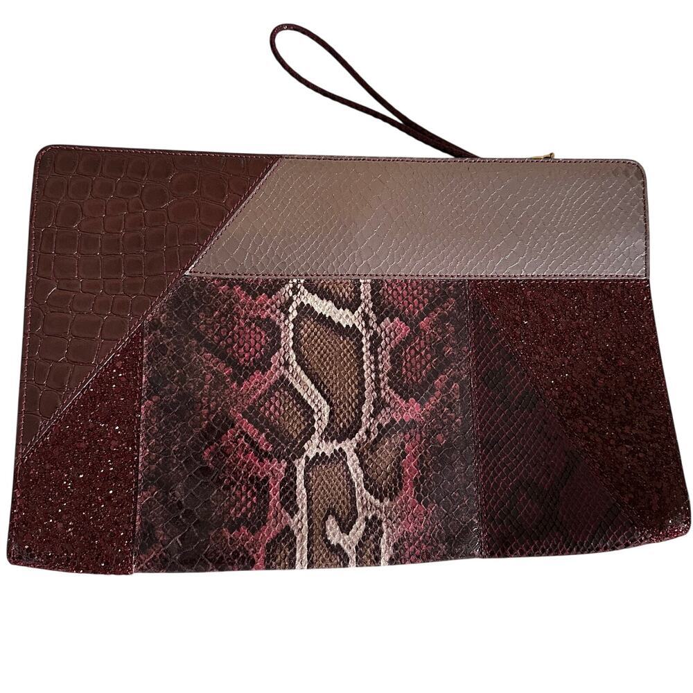 Stella McCartney Vegan Snakeskin Patchwork Clutch Pouch – Burgundy Statement Bag
